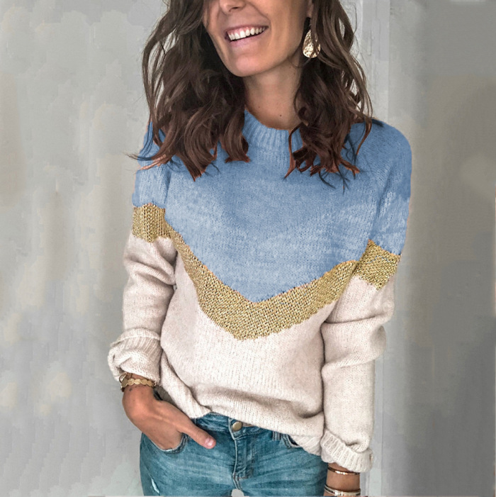 Contrast Stitching Knit Sweater Pullover Round Neck Raglan Sleeve Women Sweater