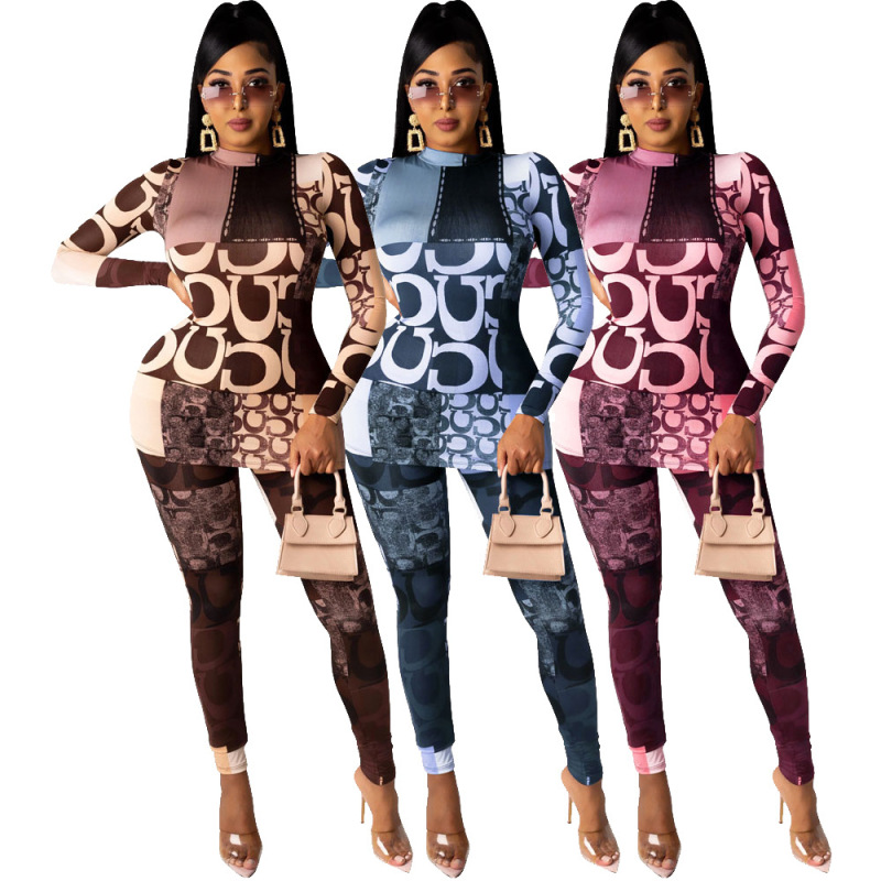 Special Printing High Elasticity High Neck Two Pieces Set