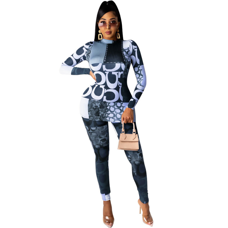 Special Printing High Elasticity High Neck Two Pieces Set