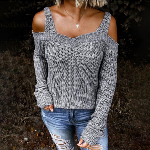 New Sexy Sling Strapless Sweater Solid Color Casual Long-sleeved Sweater