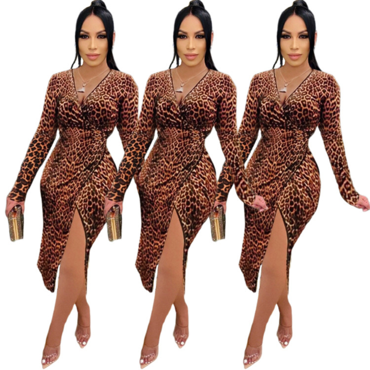 Sexy V-Neck Leopard Slit One Piece Dress