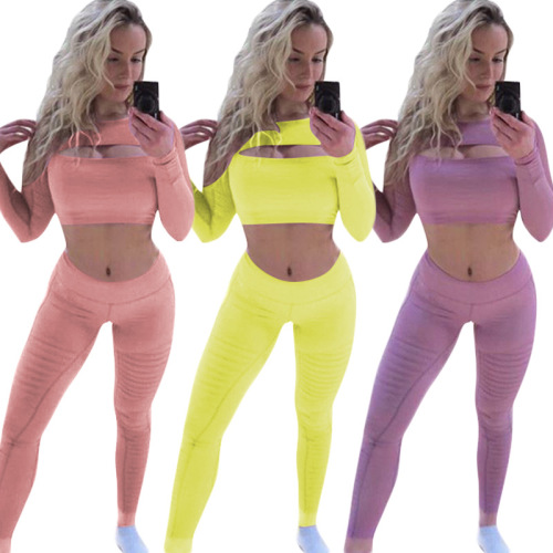 Hollow Out Mesh Sleeve Show Waist Women Sporty Two pieces Outfit