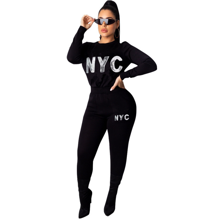 Solid Color Letter Printing Casual Two Piece Set