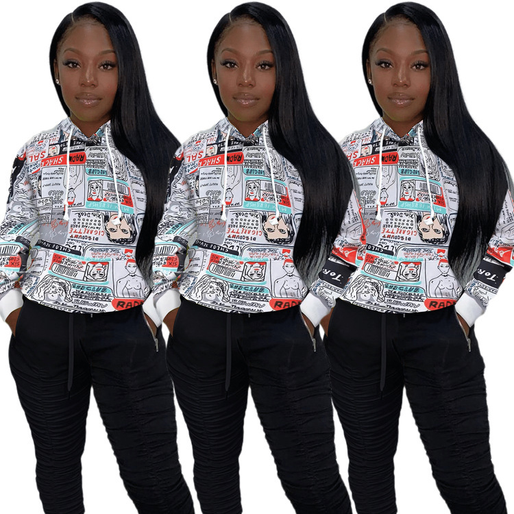  Long Sleeve Drawstring Casual Print Sporty Hoodies