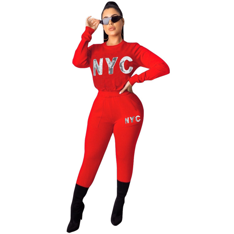 Solid Color Letter Printing Casual Two Piece Set