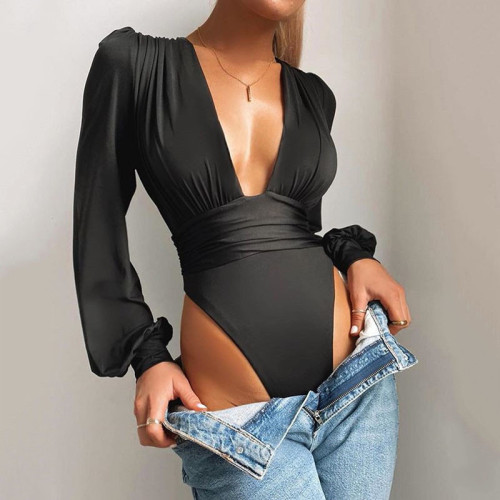 Charming Long Sleeve Deep V-Neck Slim Waist Sexy BodySuit