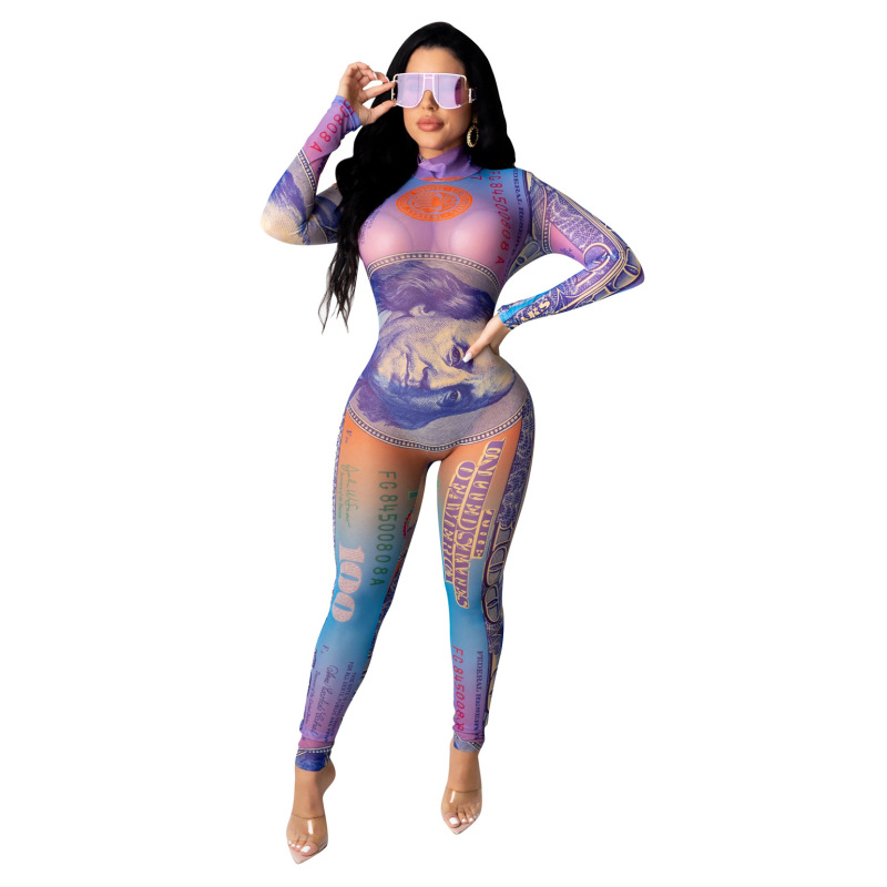 Long Sleeve Fashion Printed Mesh Women Jumpsuits 