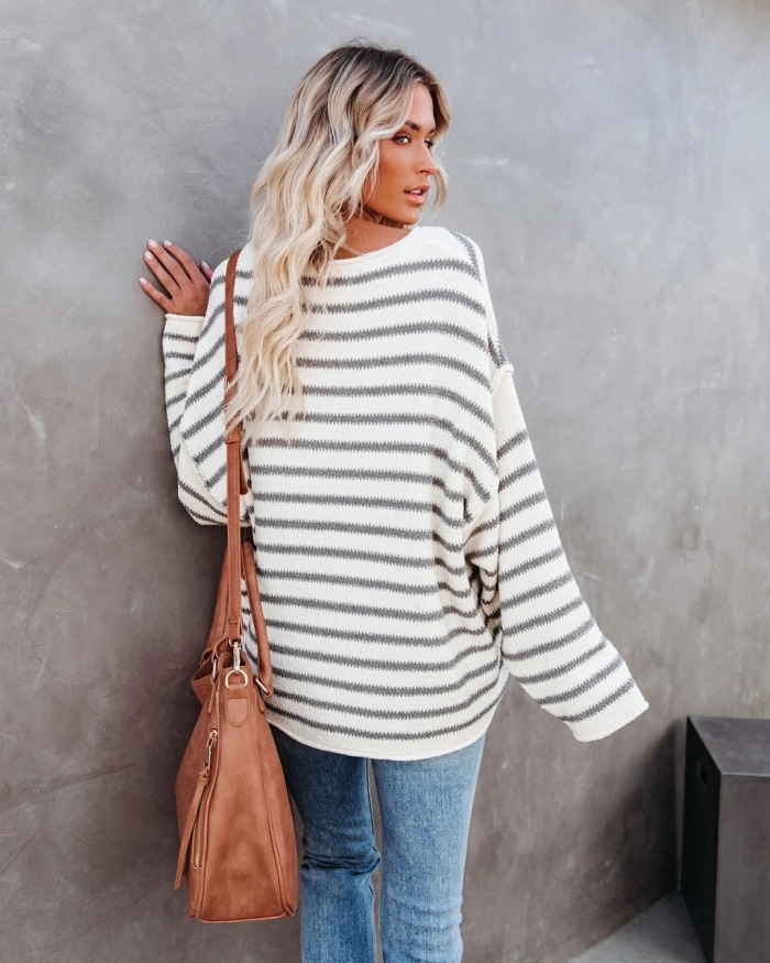 Hot Sale New Style Women's Sweater Loose Stitching Pullover Striped Plus Size Sweater