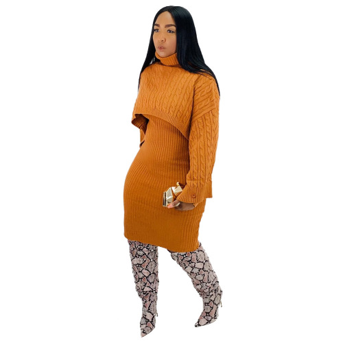 Turtleneck Solid Color Sweater Two Piece Set
