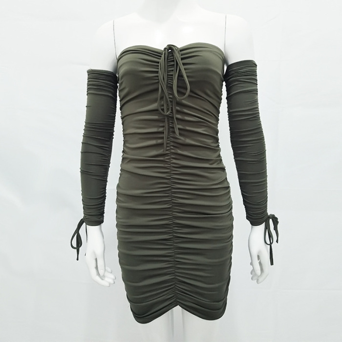Off Shoulder Solid Color Drawstring Fashion Dress