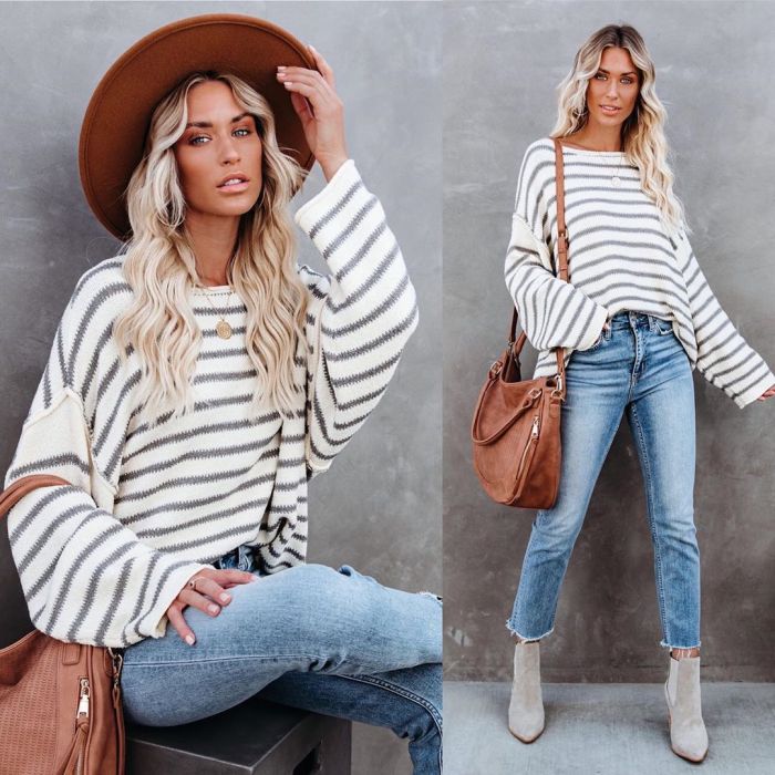 Hot Sale New Style Women's Sweater Loose Stitching Pullover Striped Plus Size Sweater