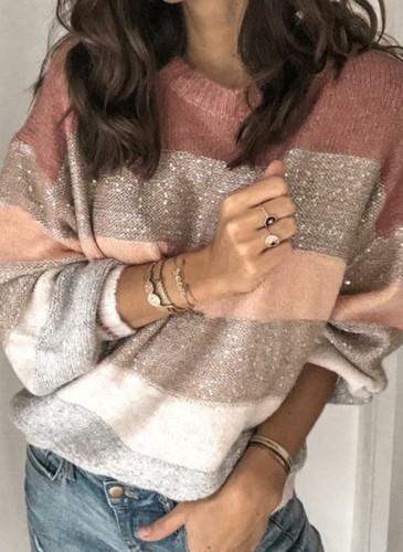 Hot Sale Fashion Sweater Stitching Round Neck Fashion Personality Striped Loose Knit Women Sweater