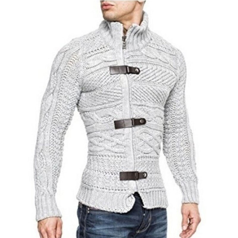 Cable Knit Sweater Men Stand Collar Mens Zipper Cardigan Sweater Coats Casual Slim Autmn Winter Leather Buckle Knitwear Pull 3XL