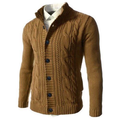 Braided Cardigan Sweater Men Elastic Button Placket Mens Knitted Sweater Jacket Coat Stand Collar Winter Sweaters Pull Homme 3XL