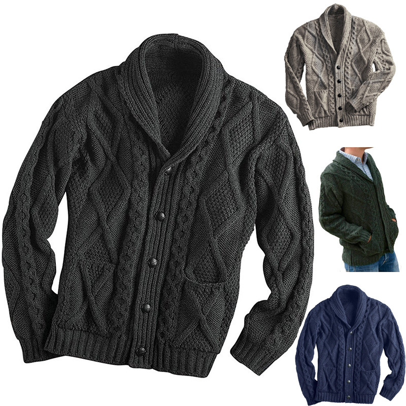Knitted Cardigan Sweater Jacket Men Single Breasted Button Placket Mens Sweaters Coat Casual Slim Fit Twist Braided Jumper Pull