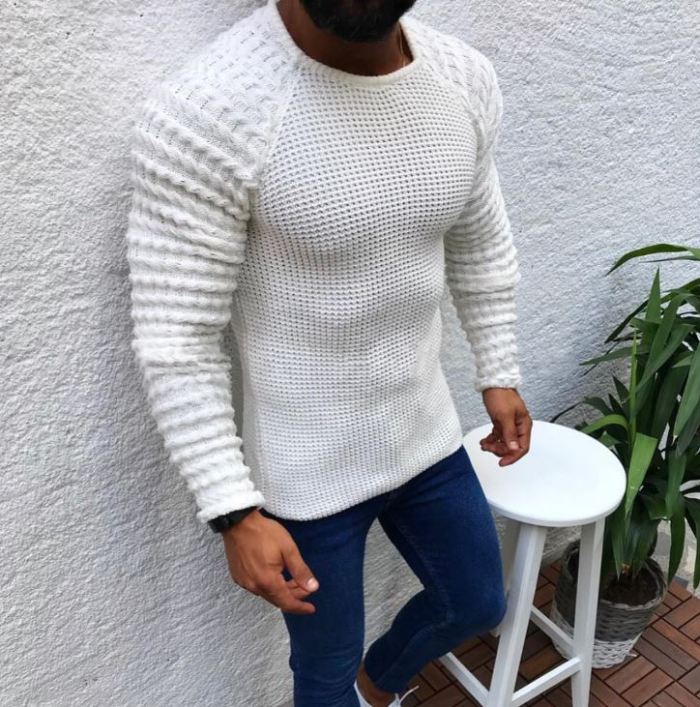 Men's Knit Boat Neck Pullover Long Sleeve Sweater Bodycon Winter Tops