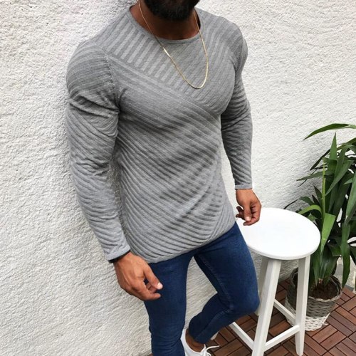 New Mens Fashion Knitted Sweaters Striped Pullovers Male Winter Warm Casual Slim Fit Solid Color Stitching Long Sleeved Knitwear