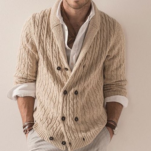 Autumn Men's Cardigan Double Breasted Lapel Long Sleeve Thiock Warm Stretchy Casual Simple Fashion Knitting Male Sweater