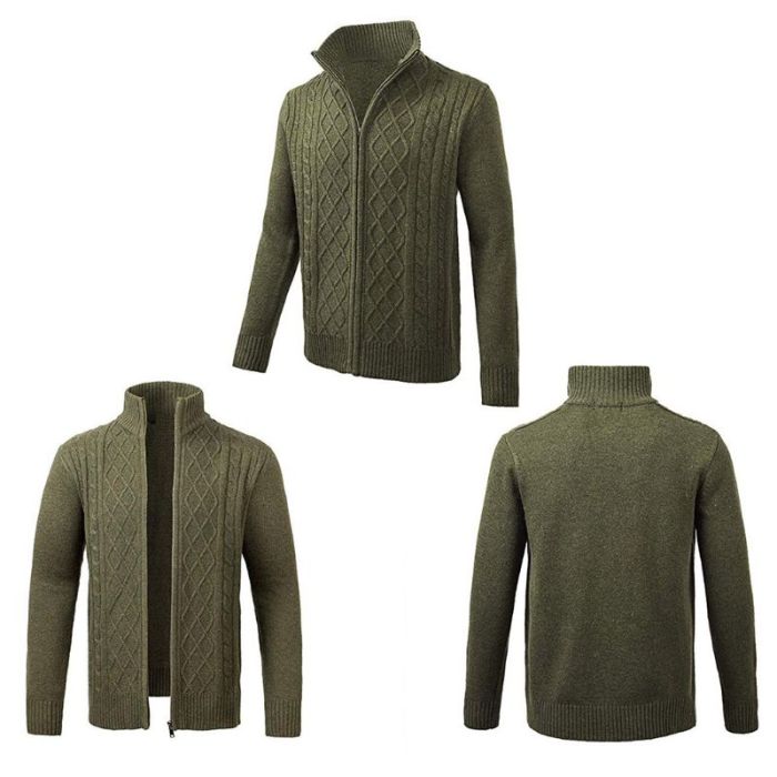 Men Winter Casual Turtleneck Sweater Solid Color Slim Fit Zip Up Knit Cardigan