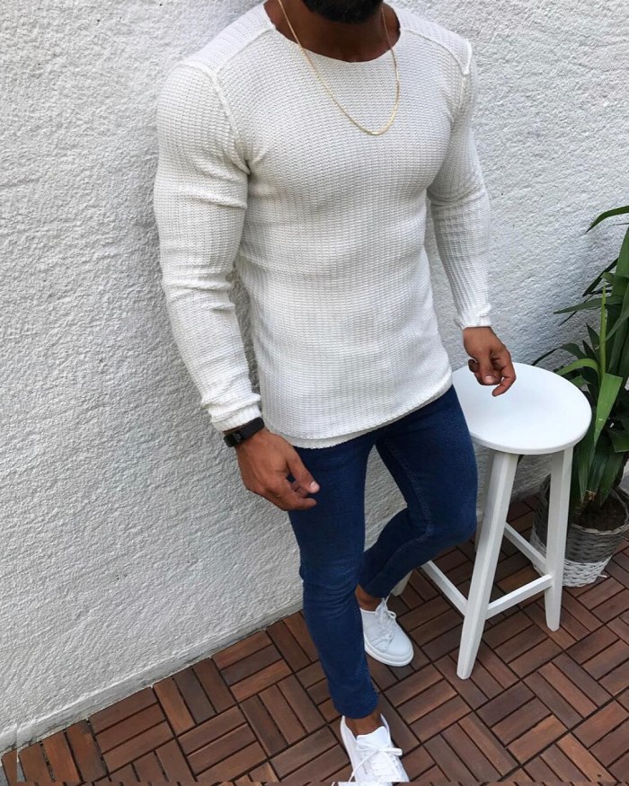 Pullover Sweater Men 2021 Casual Slim Fit Knitted Sweaters Pull Homme O Neck Long Sleeve Solid Color Male Knitwear Black White