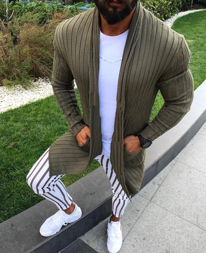 Knitted Cardigan Sweater Men 2021 Autumn Casual Slim Fit Mens Shawl Collar Sweater Coat Long Striped Sweaters Male Overcoat XXXL