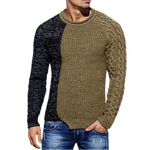 2021 Men's Fashion Solid Color Autumn Knit O-Neck Long Sleeve Spliced Sweaters Casual Slim Fit Pullover Tops