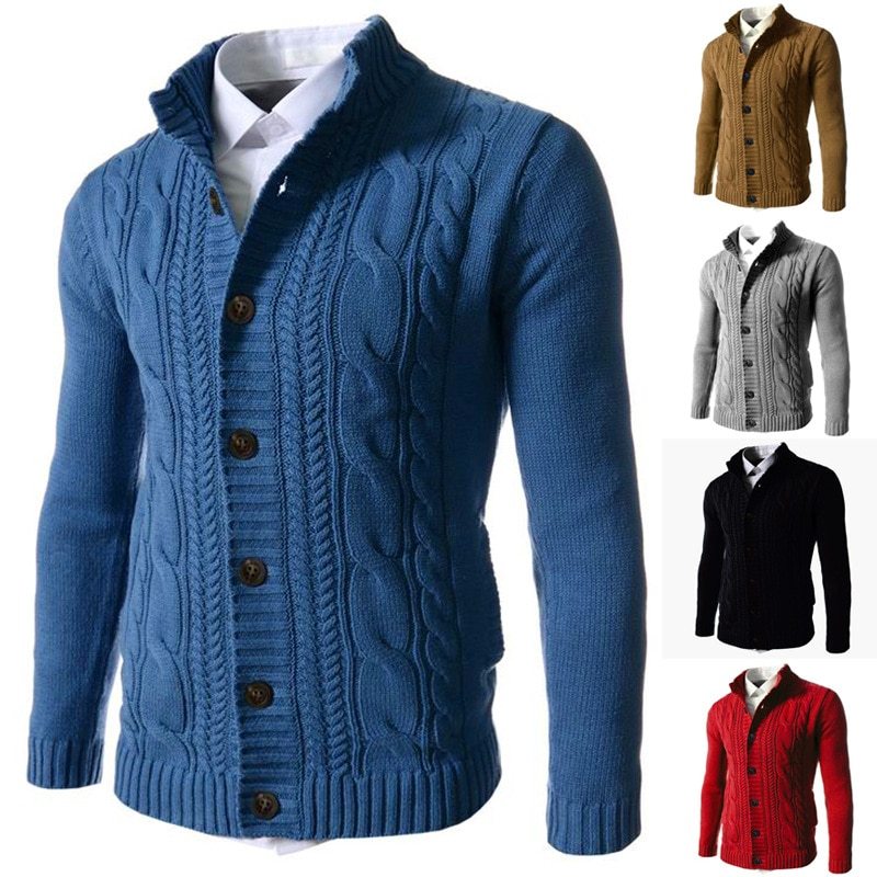 Braided Cardigan Sweater Men Elastic Button Placket Mens Knitted Sweater Jacket Coat Stand Collar Winter Sweaters Pull Homme 3XL