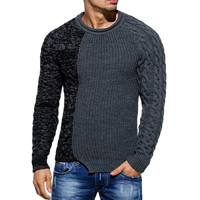 2021 Men's Fashion Solid Color Autumn Knit O-Neck Long Sleeve Spliced Sweaters Casual Slim Fit Pullover Tops