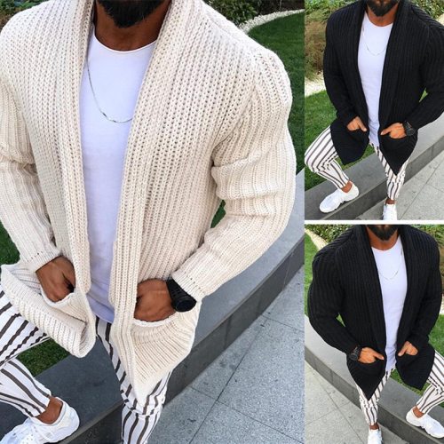 Shawl Collar Cardigan Sweater Men Autumn New Knitted Sweater Coat with Pocket Casual Slim Fit Coarse Pull Homme Beige Knitwear