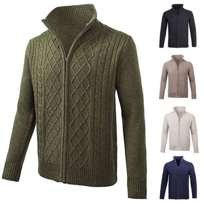 Men Winter Casual Turtleneck Sweater Solid Color Slim Fit Zip Up Knit Cardigan