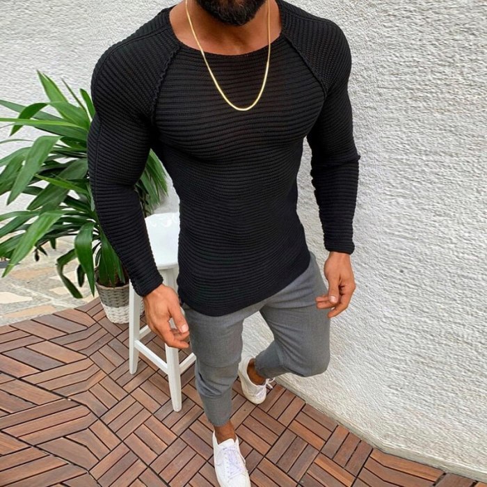 2021 Men Knitted Pullovers Male Solid Color O-neck Striped Long Sleeve Sweater Autumn Winter Slim Fit Casual Sweater
