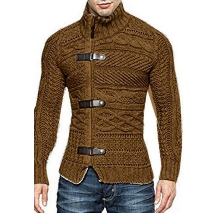 Cable Knit Sweater Men Stand Collar Mens Zipper Cardigan Sweater Coats Casual Slim Autmn Winter Leather Buckle Knitwear Pull 3XL