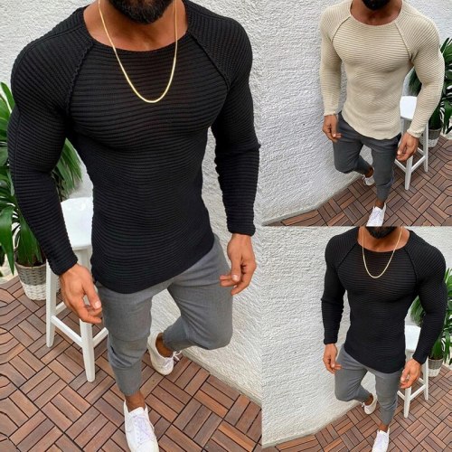 2021 Men Knitted Pullovers Male Solid Color O-neck Striped Long Sleeve Sweater Autumn Winter Slim Fit Casual Sweater