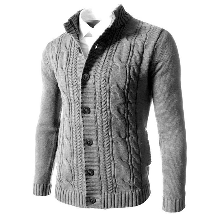Braided Cardigan Sweater Men Elastic Button Placket Mens Knitted Sweater Jacket Coat Stand Collar Winter Sweaters Pull Homme 3XL