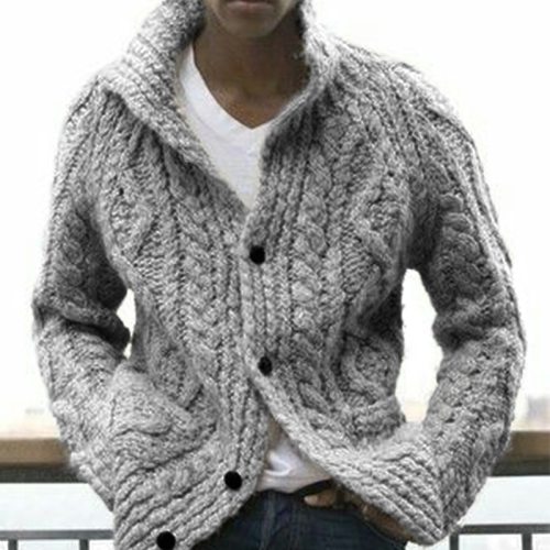Autumn Winter Solid Color Retro Sweater Men Single Breasted Knitted Loose Plus Size Outwear Tops
