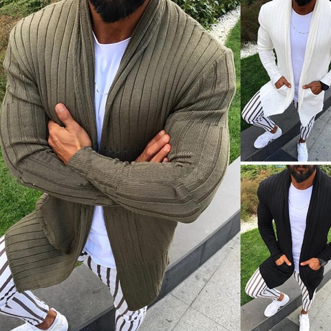 Knitted Cardigan Sweater Men 2021 Autumn Casual Slim Fit Mens Shawl Collar Sweater Coat Long Striped Sweaters Male Overcoat XXXL