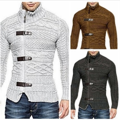 Cable Knit Sweater Men Stand Collar Mens Zipper Cardigan Sweater Coats Casual Slim Autmn Winter Leather Buckle Knitwear Pull 3XL