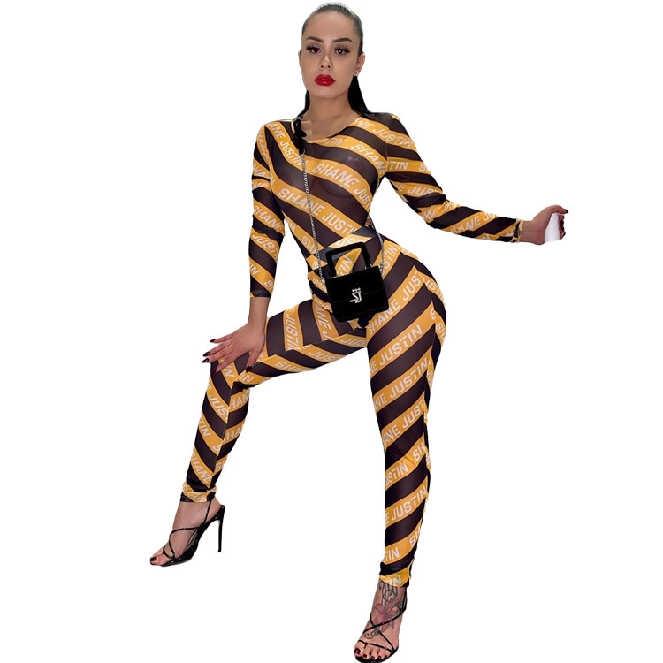 Street Fashion Sexy Korean Mesh Stripe Print See-through Jumpsuit