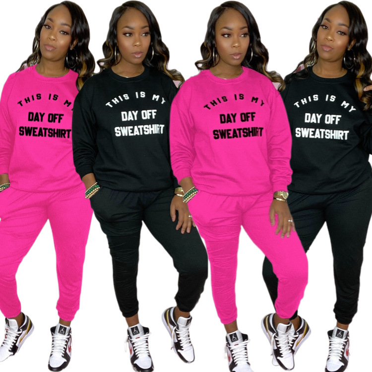 Lady Solid Color Print Sporty Two Piece Set Black Rose Red S-2XL