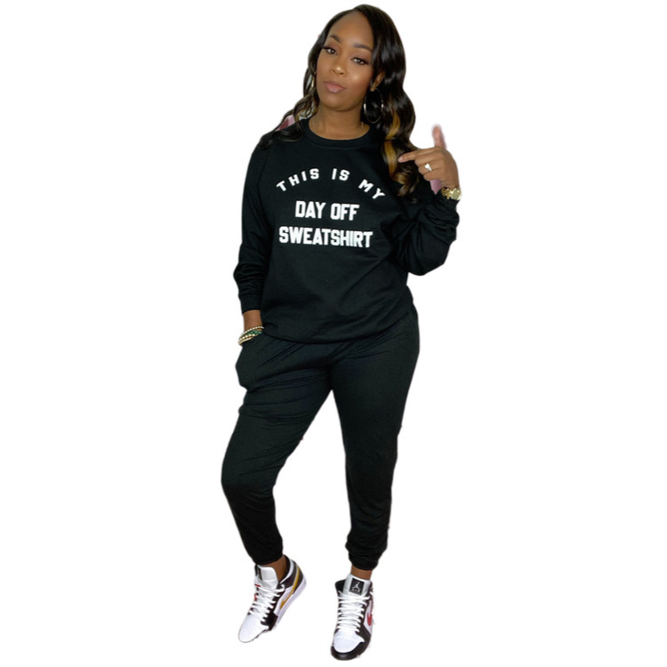 Lady Solid Color Print Sporty Two Piece Set Black Rose Red S-2XL
