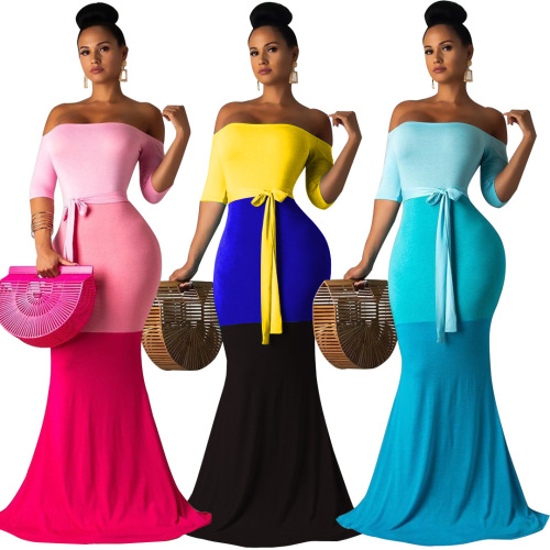 Women Sexy Off Shoulder Colorblock One Piece Dress Blue Yellow Red S-XL