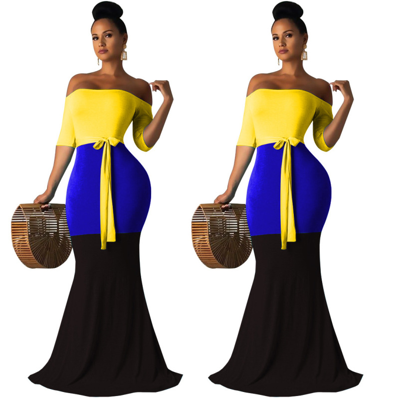 Women Sexy Off Shoulder Colorblock One Piece Dress Blue Yellow Red S-XL