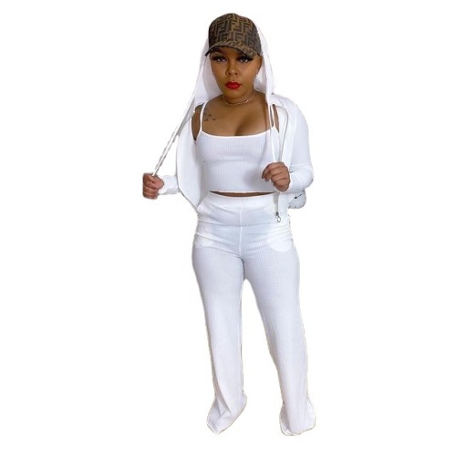 Women Solid Color Zipper Sporty Two Piece Set White S-XL