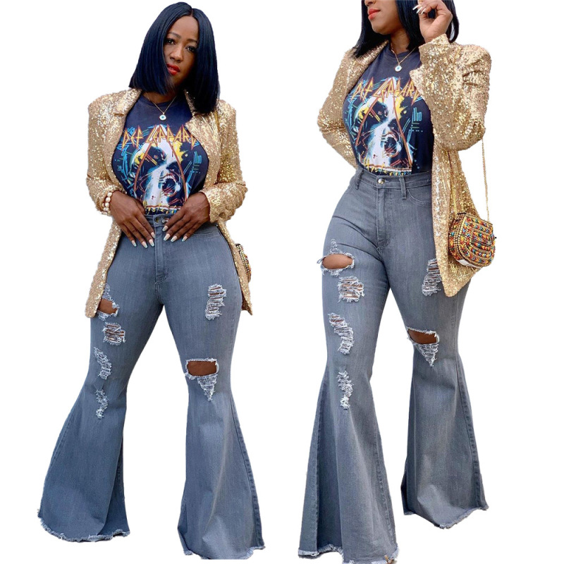 Lady Hot Sale Floor-length Boot Cut Pants Gray S-XL