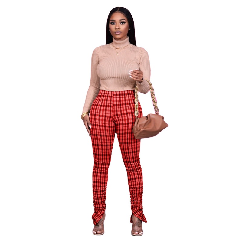 Women Slit Plaid Pleated Ankle-length Pants Yellow Red Gray S-XL