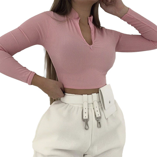 Women Long Sleeve Zipper Slim Tops Pink S-L