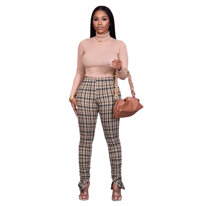 Women Slit Plaid Pleated Ankle-length Pants Yellow Red Gray S-XL