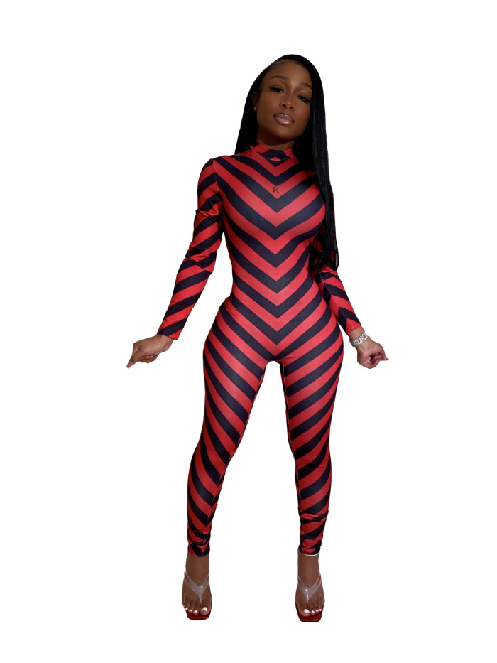 Women Fashion Striped Long Sleeve Jumpsuit White Red Green S-XXL