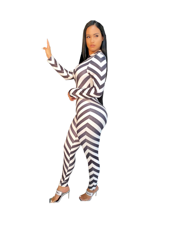 Women Fashion Striped Long Sleeve Jumpsuit White Red Green S-XXL