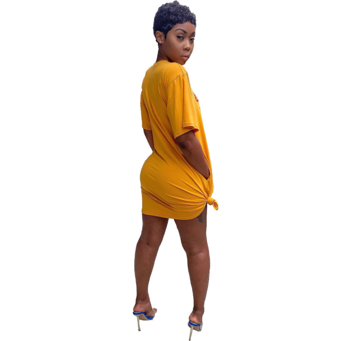 Woman Fashion Dollar Print Casual Dress Black Orange Yellow S-XL